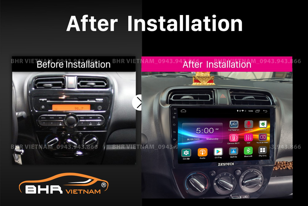 Hình ảnh trước và sau khi lắp màn hình DVD Zestech Z500 Mitsubishi Mirage 2013 - nay