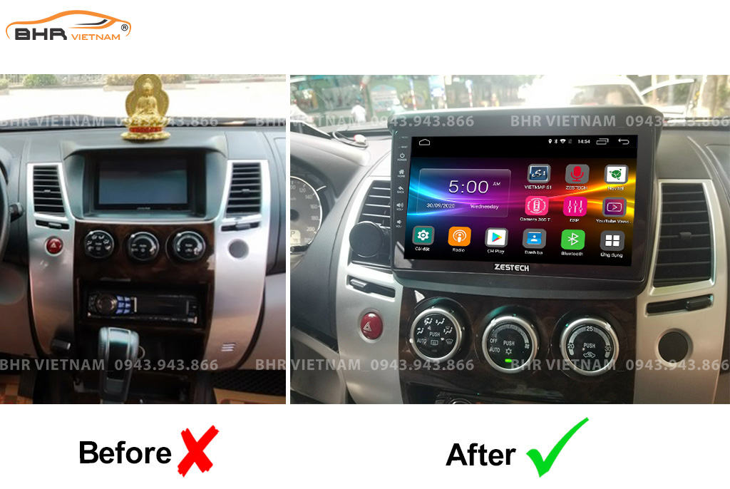 Hình ảnh trước và sau khi lắp màn hình DVD Zestech Z500 Mitsubishi Pajero Sport 2011 - 2017