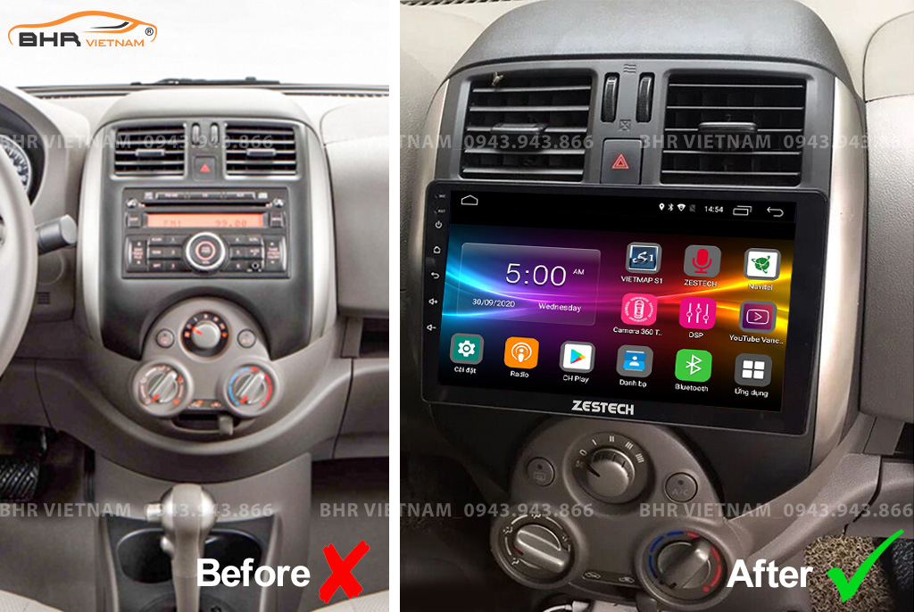 Hình ảnh trước và sau khi lắp màn hình DVD Zestech Z500 Nissan Sunny 2011 - nay
