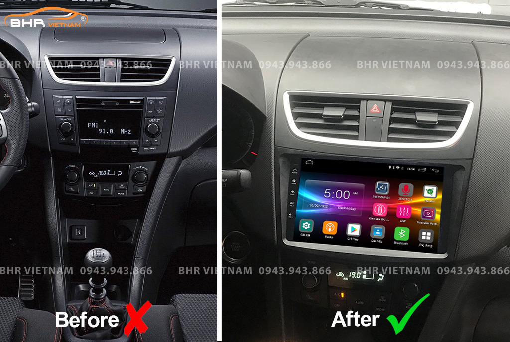 Hình ảnh trước và sau khi lắp màn hình DVD Zestech Z500 Suzuki Swift 2014 - 2018