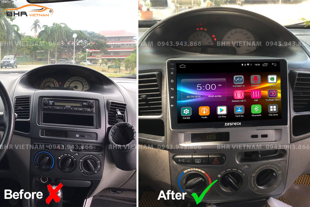Hình ảnh trước và sau khi lắp màn hình DVD Zestech Z500 Toyota Vios 2002 - 2007