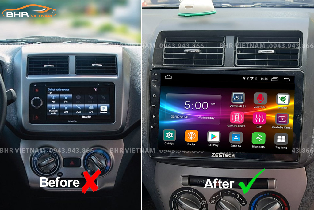 Hình ảnh trước và sau khi lắp màn hình DVD Zestech Z500 Toyota Wigo 2019 - nay