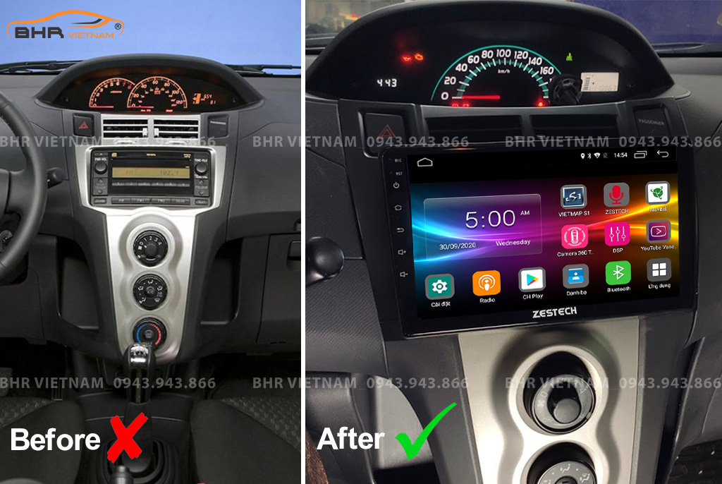 Hình ảnh trước và sau khi lắp màn hình DVD Zestech Z500 Toyota Yaris 2006 - 2013
