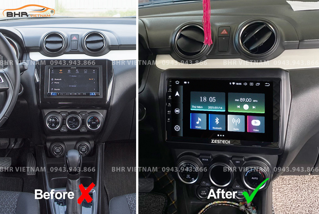 Hình ảnh trước và sau khi lắp màn hình DVD Zestech Z800 Pro Suzuki Swift 2019 - nay