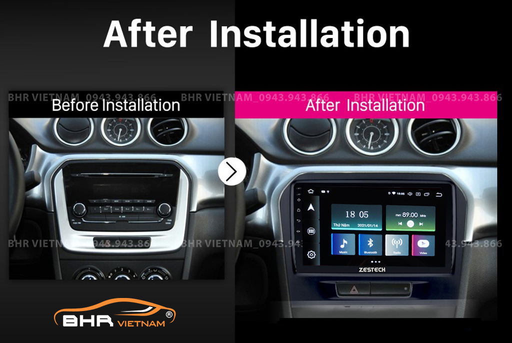 Hình ảnh trước và sau khi lắp màn hình DVD Zestech Z800 Pro Suzuki Vitara 2015 - nay