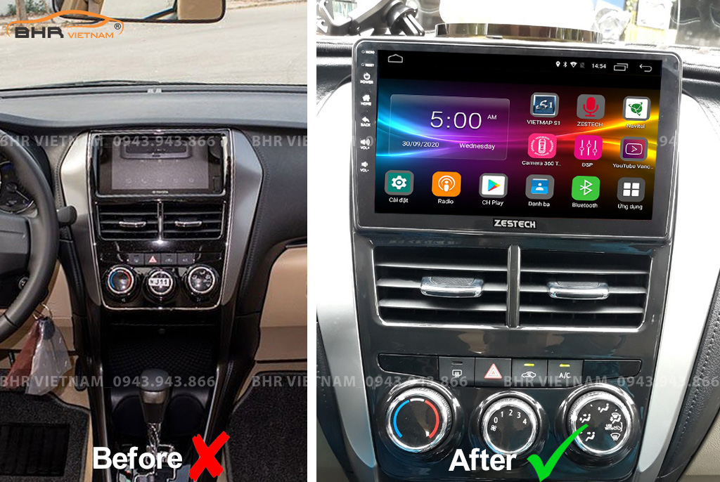 Hình ảnh trước và sau khi lắp màn hình DVD Zestech Z800+ Toyota Yaris 2019 - nay
