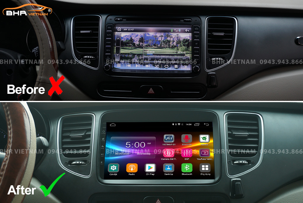 Hình ảnh trước và sau khi lắp màn hình DVD Zestech Z800 New Kia Rondo 2014 - nay