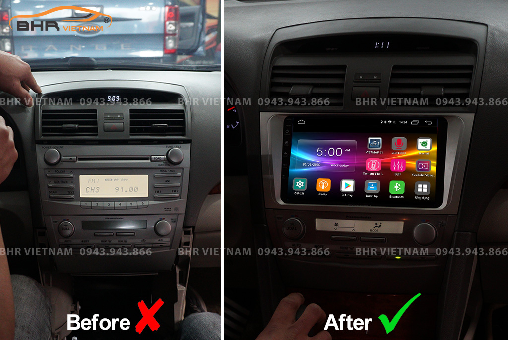 Hình ảnh trước và sau khi lắp màn hình DVD Zestech Z800 New Toyota Camry 2006 - 2011