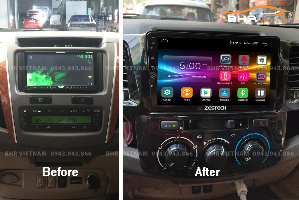Hình ảnh trước và sau khi lắp màn hình DVD Zestech Z800 New Toyota Fortuner 2005 - 2016