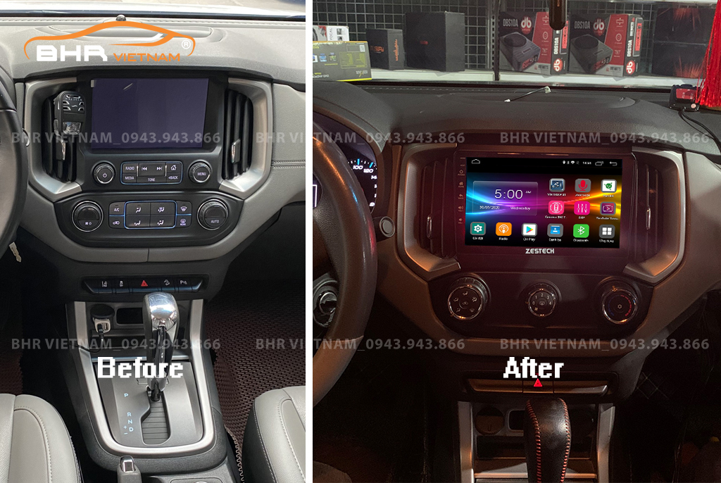 Hình ảnh trước và sau khi lắp màn hình DVD Zestech Z800 Pro+ Chevrolet Colorado 2017 - nay