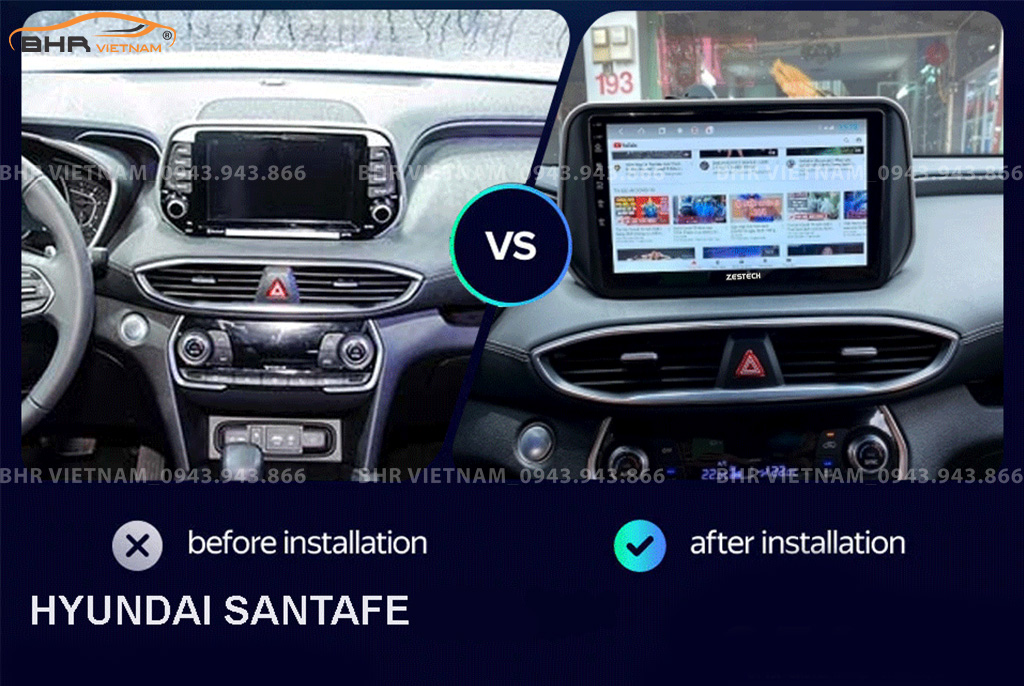 Hình ảnh trước và sau khi lắp màn hình DVD Zestech Z800 Pro+ Hyundai Santafe 2021 - nay