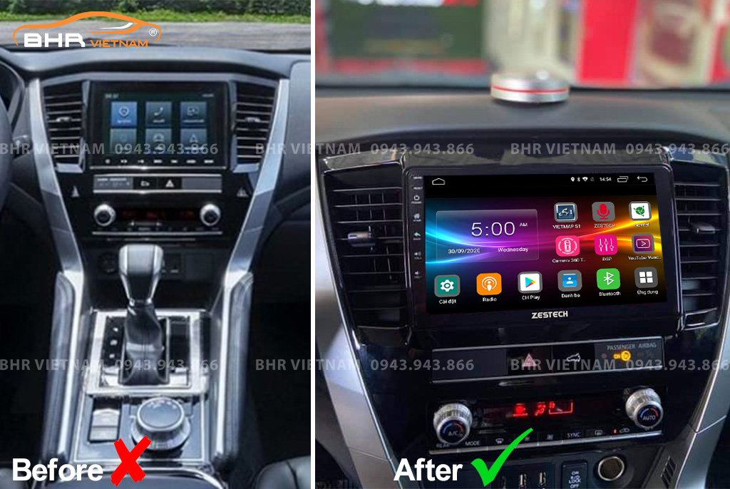 Hình ảnh trước và sau khi lắp màn hình DVD Zestech Z800 Pro+ Mitsubishi Pajero Sport 2018 - nay