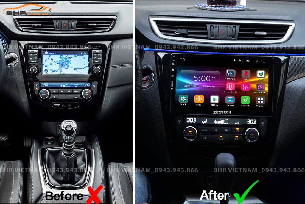 Hình ảnh trước và sau khi lắp màn hình DVD Zestech Z800 Pro+ Nissan Xtrail 2017 - nay