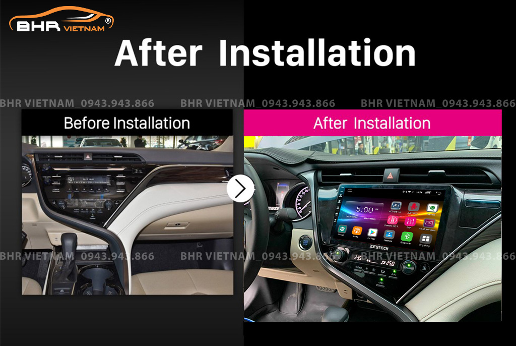 Hình ảnh trước và sau khi lắp màn hình DVD Zestech Z800 Pro+ Toyota Camry 2019 - nay