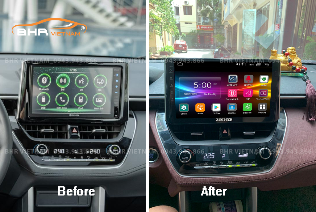 Hình ảnh trước và sau khi lắp màn hình DVD Zestech Z800 Pro+ Toyota Corolla Cross 2020 - nay