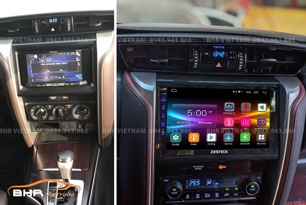 Hình ảnh trước và sau khi lắp màn hình DVD Zestech Z800 Pro+ Toyota Fortuner 2017 - nay