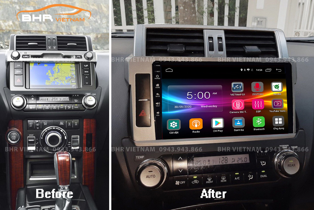 Hình ảnh trước và sau khi lắp màn hình DVD Zestech Z800 Pro+ Toyota Prado 2010 - 2016