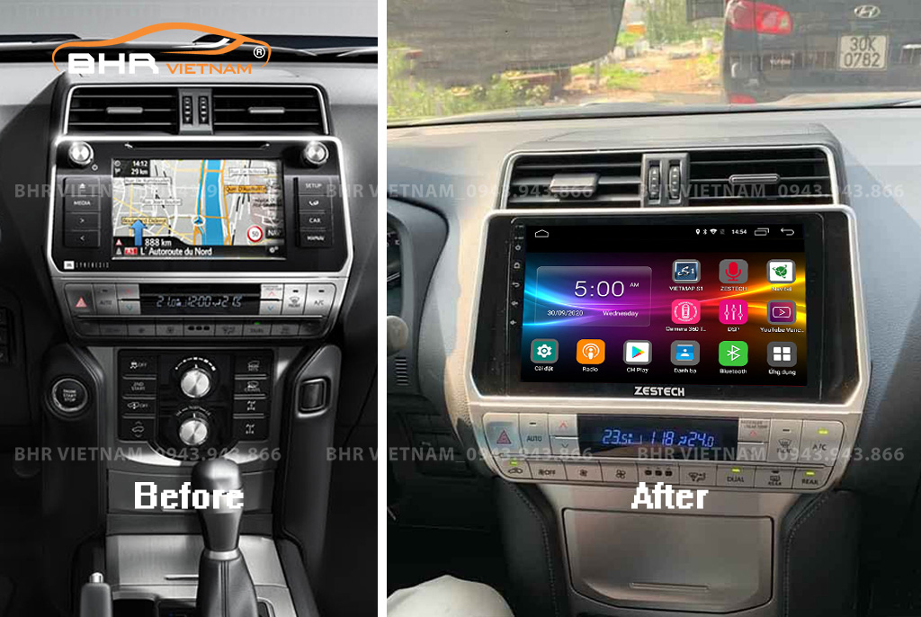Hình ảnh trước và sau khi lắp màn hình DVD Zestech Z800 Pro+ Toyota Prado 2017 - nay